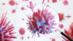 3D render of Corona VIRUS 2019nCoV under investigation by the government laboratory. It has been discovered first time in January 2020 in China town Wuhan. Close-up from microscope of coronavirus.